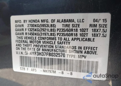 2015 Honda Pilot Se z USA, uszkodzony, nr VIN 5FNYF3H37FB032570
